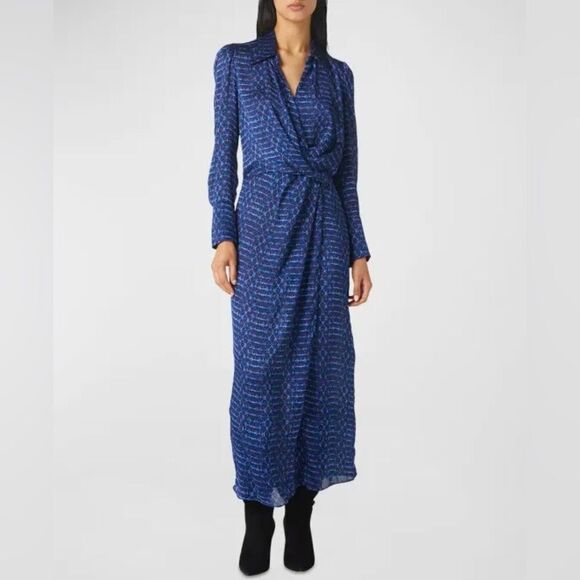 NWT MISA Los Angeles Valentina Chiffon Long Sleeve Wrap Front Dress Dark Blue - Picture 1 of 12